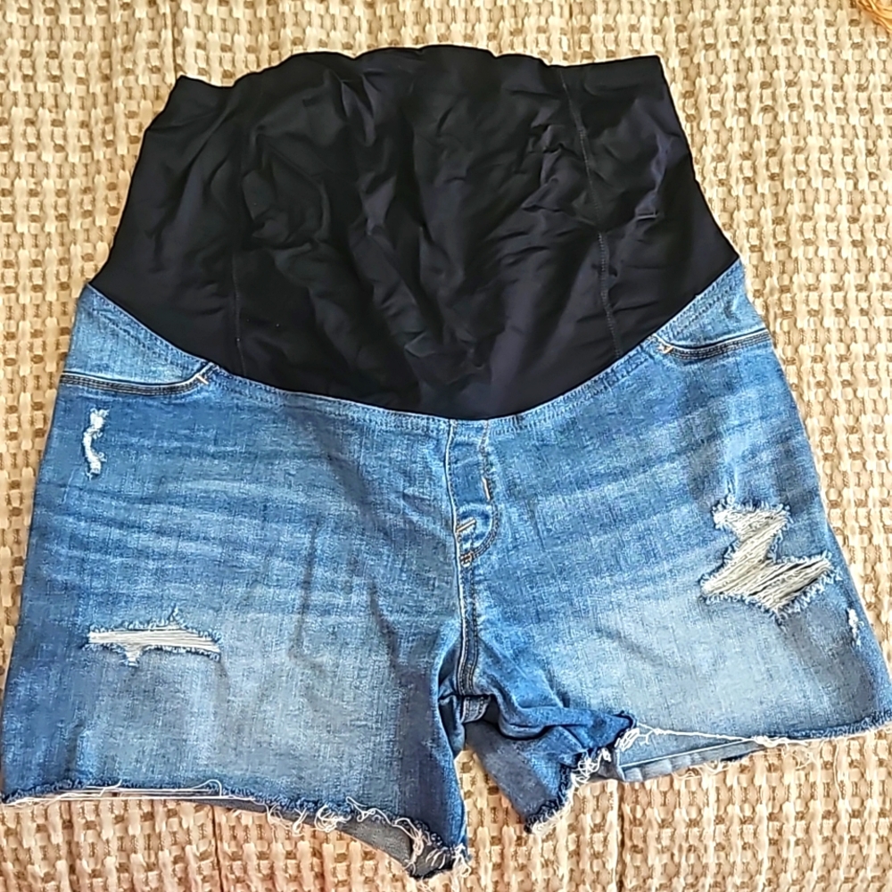 Denim shorts MATERNITY elastic waistband distressed ripped blue pockets size 10